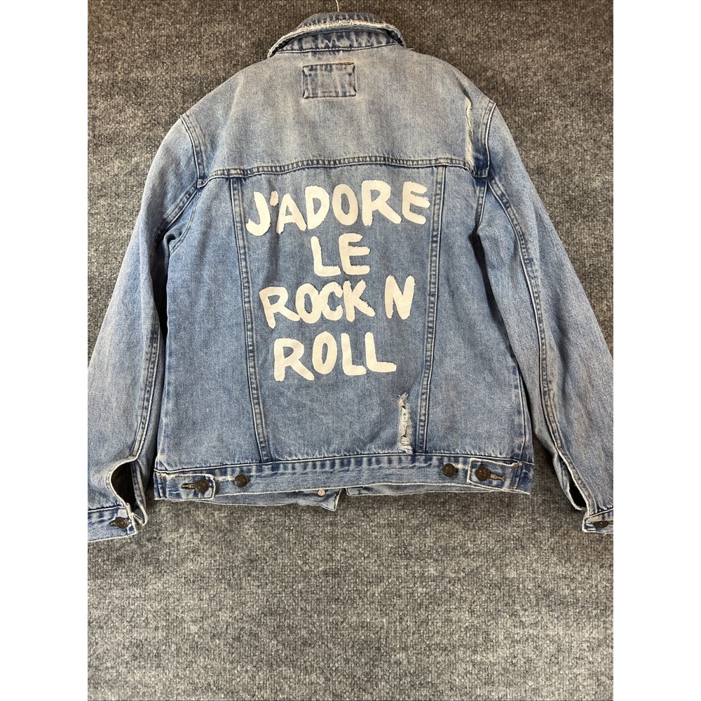 Forever 21 Light Wash Distressed Denim Jacket "J'adore Le Rock N Roll" - Size S